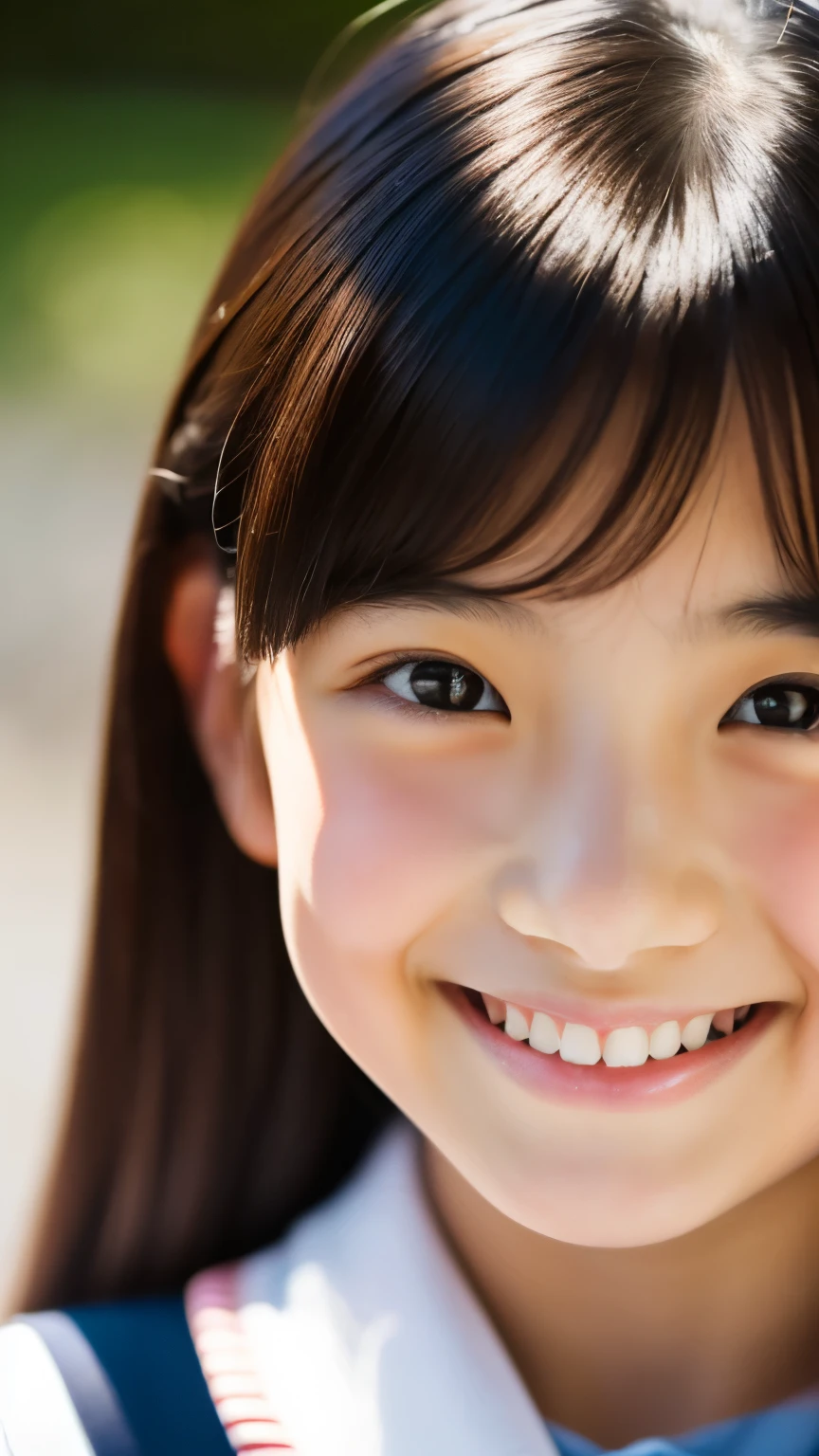 lens: 135mm f1.8, (highest quality),(RAW Photos), (Tabletop:1.1), (Beautiful Japanese Girl), Cute face, (Deeply chiseled face:0.7), (freckles:0.4), dappled sunlight, Dramatic lighting, (Japanese School Uniform), (On campus), shy, (Close-up shot:1.2), (smile),, (Sparkling eyes)、(sunlight)