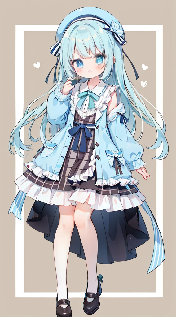 Full Body Love、Standing picture、Light blue hair、Brown Checkered Beret、Plaid slip dress、Chocolate Mint、Light blue eyes、Light blue shirt、Brown ribbon、Cute little、masterpiece、Top quality、Top image quality