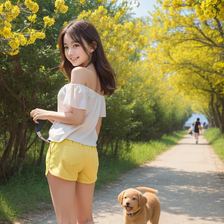 Highest quality,Shot from behind、,Face towards the viewer、Very attractive with a backpack, (((Standing and playing with a cute puppy))), Enjoy a lovely spring outing surrounded by beautiful yellow flowers and natural scenery. 1 girl,Cute face,smile,Off the shoulder、Erotic shorts、Don&#39;t hide your ass、Knee socks、,Pink sneakers,The illustrations are in high resolution with 4K resolution., 12 year old girl with highly detailed facial features,Perfect hands,Perfect legs,