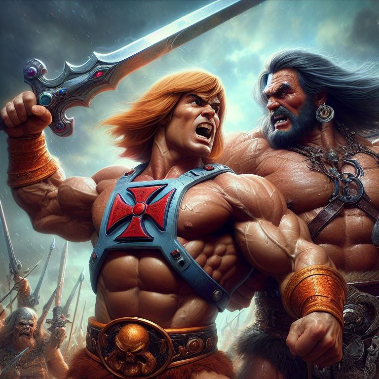 uma pintura de dois homens lutando com espadas em uma batalha, Ele homem!!!!!, ele homem!!!!!, ele homem, Ele homem, Ele homem, mesmo estilo, Conan, portrait painting of ele homem, barbarian, portrait of ele homem, Ele homem with a dark manner, motu, inspirado em Joe Jusko, tertrevkaiser