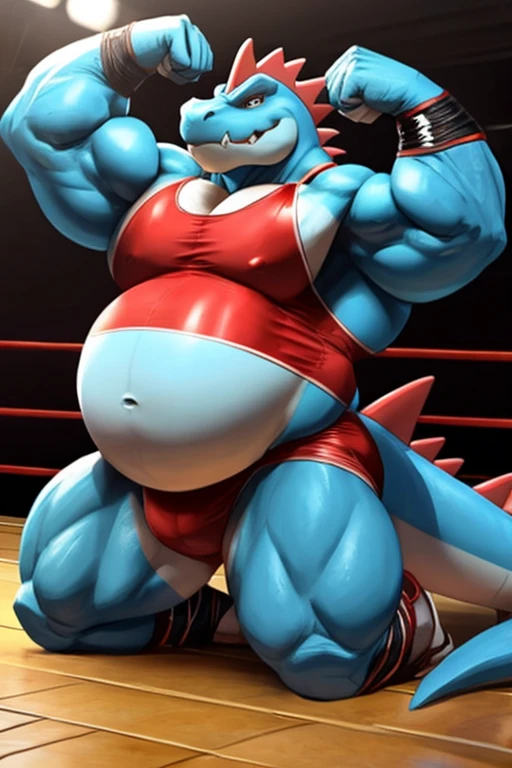 Feraligatr,, dressed like a wrestler, muscle gut,, massive belly, belly on floor, tight clothes, flexing