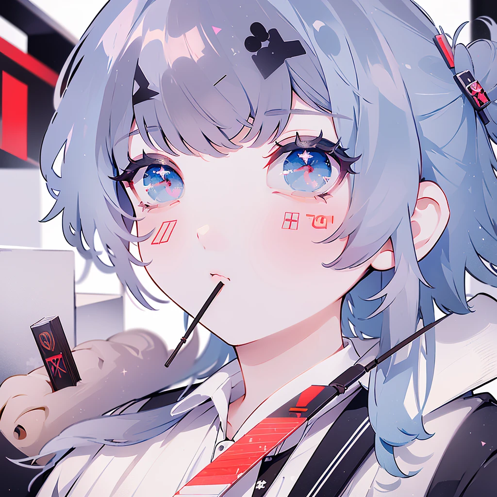 girl, Pocky Games、(((He has a Pocky in his mouth)))viewer's perspective、Close your eyes、(((1girl、8k、masterpiece、On the table)))Sweater with collar、The sweater looks warm、((Upper part of the body))、He happily holds Pocky、Nicky smiles、Pocky looks delicious、light blue hair、Long hair、long、Double tail、((Double tail))、、Cute little、Simple background、light blue hair