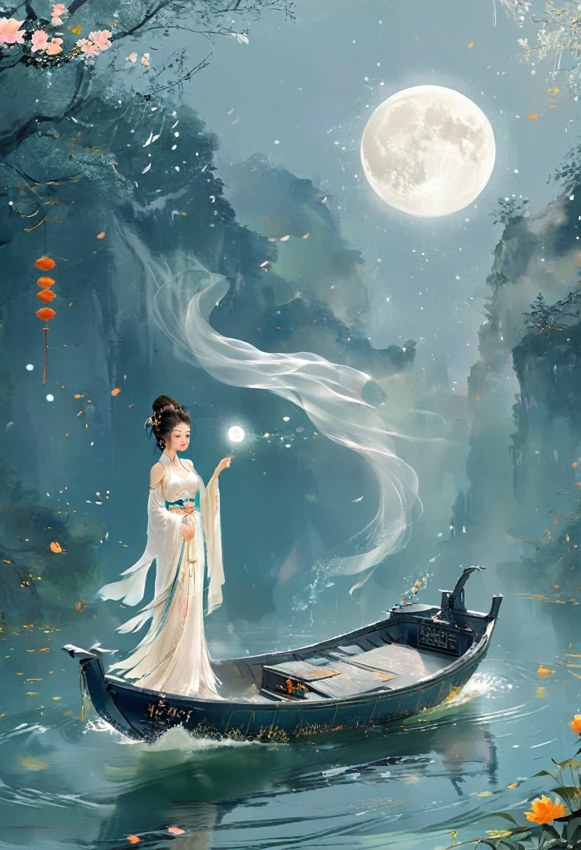 Anime girl in a white dress floating a boat in the water，Fantasy，Moon Goddess，Beautiful fantasy queen,  by Yang J, Chinese Fantasy，Beautiful girl，Sea Queen Mu Yanling，Moon Goddess，Moon Goddess，Flowing magic robe，Beautiful fairy wizard, by Leng Mei, ((a beautiful fantasy empress))