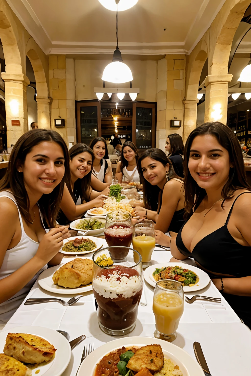 grupo de amigas de buen cuerpo almorzando en restaurante de barcelona