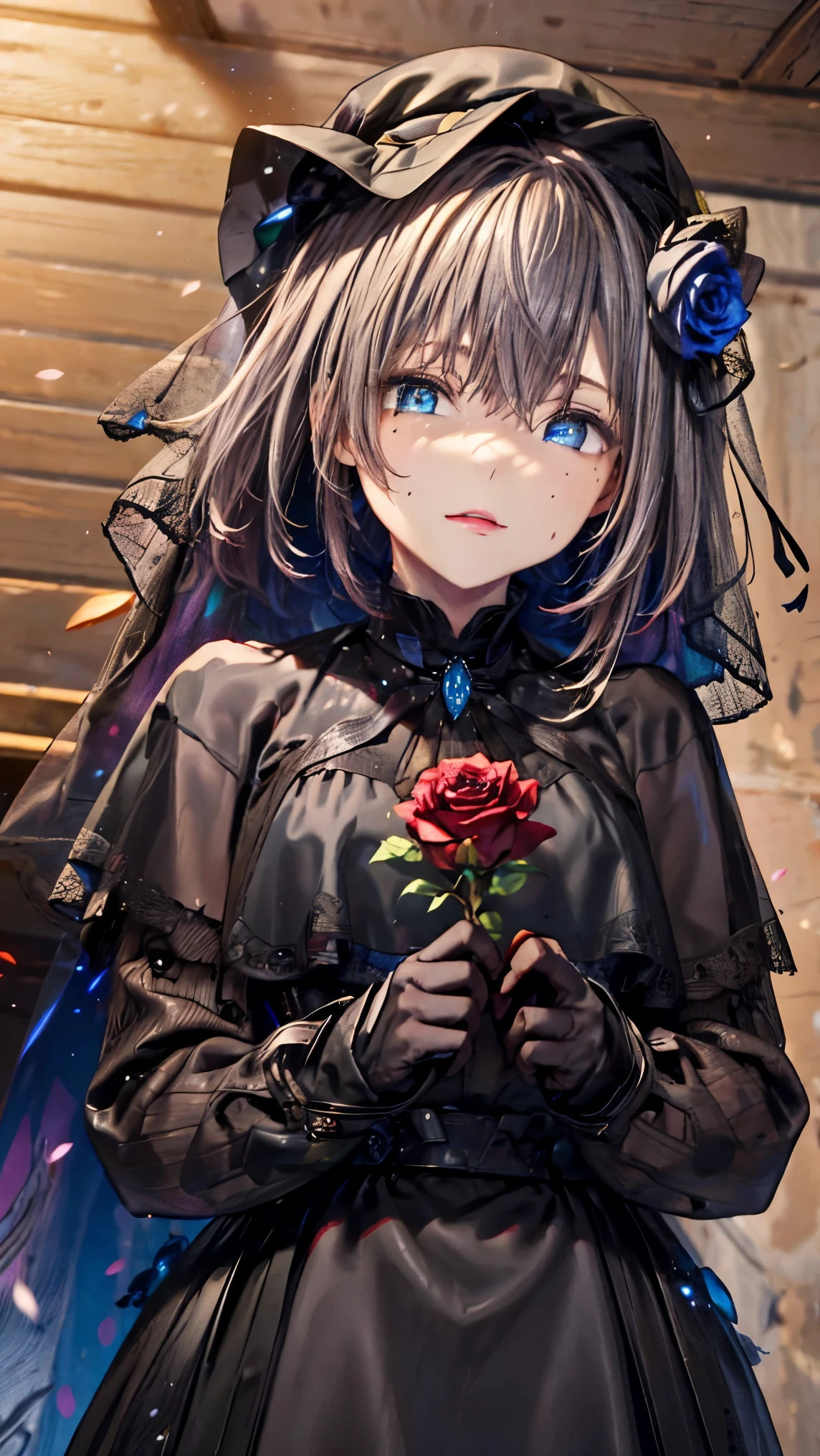 Kriemhild, Kriemhild, blue eyes, Long Hair, Mole, Mole under eye, Pale skin, Gray Hair, Wavy Hair,
break ascot, black Capelet, black dress, black flower, black gloves, Black Hat, black Rose, Capelet, dress, flower, gloves, Have, Long sleeve, Rose, Veil,
break looking at viewer,
break indoors,
break (masterpiece:1.2), highest quality, High resolution, unity 8k wallpaper, (figure:0.8), (Detailed and beautiful eyes:1.6), Highly detailed face, Perfect lighting, Extremely detailed CG, (Perfect hands, Perfect Anatomy),