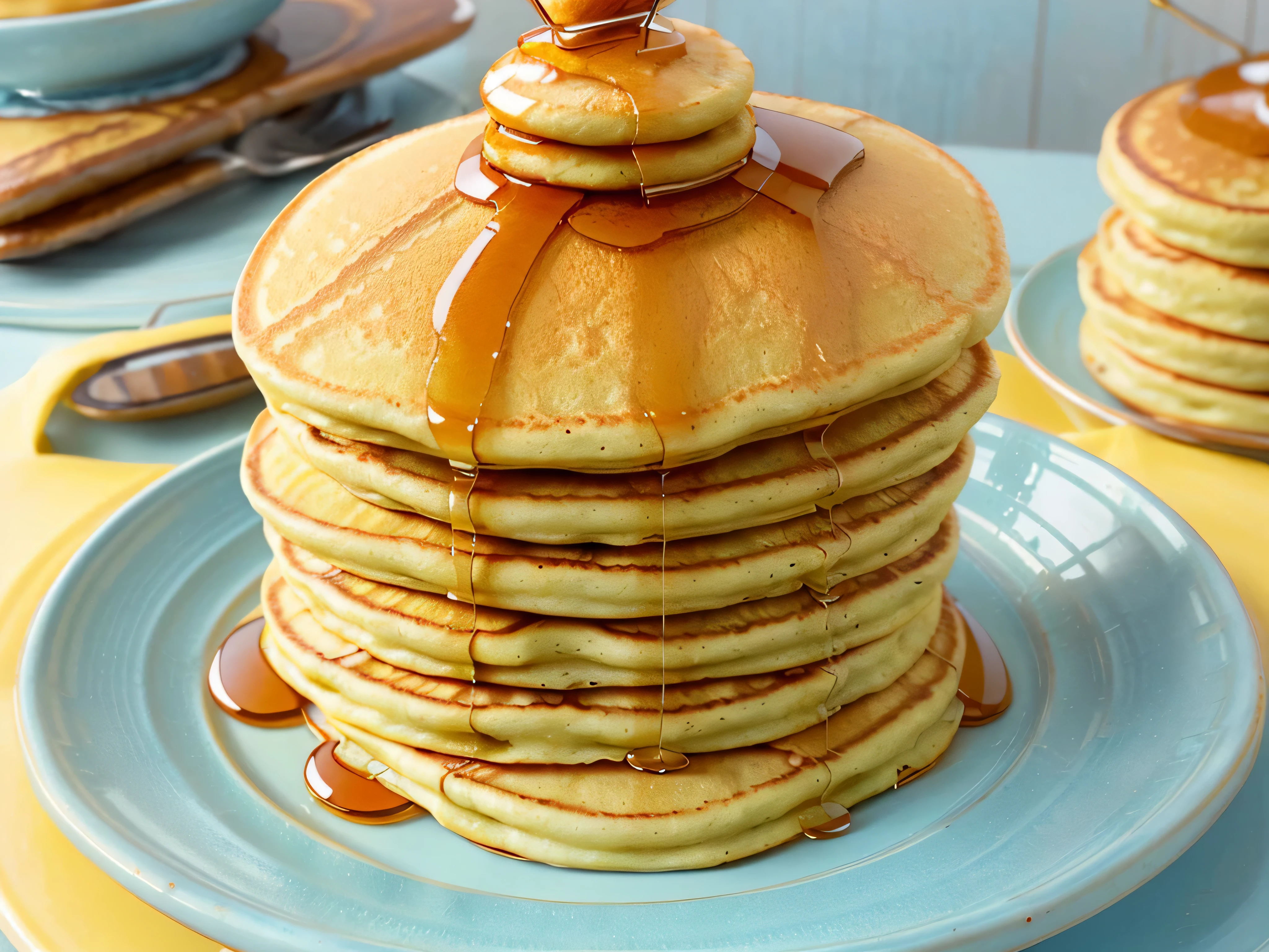 A (((sweet table display))) featuring an elegantly arranged stack of (((honey-coated pancakes))), drizzled with warm (((maple syrup))), artfully posed on a (((pale blue ceramic plate))), with a (((sunny yellow cherry))) meticulously placed atop the highest pancake, creating a vibrant contrast against the (#faa5d4) background