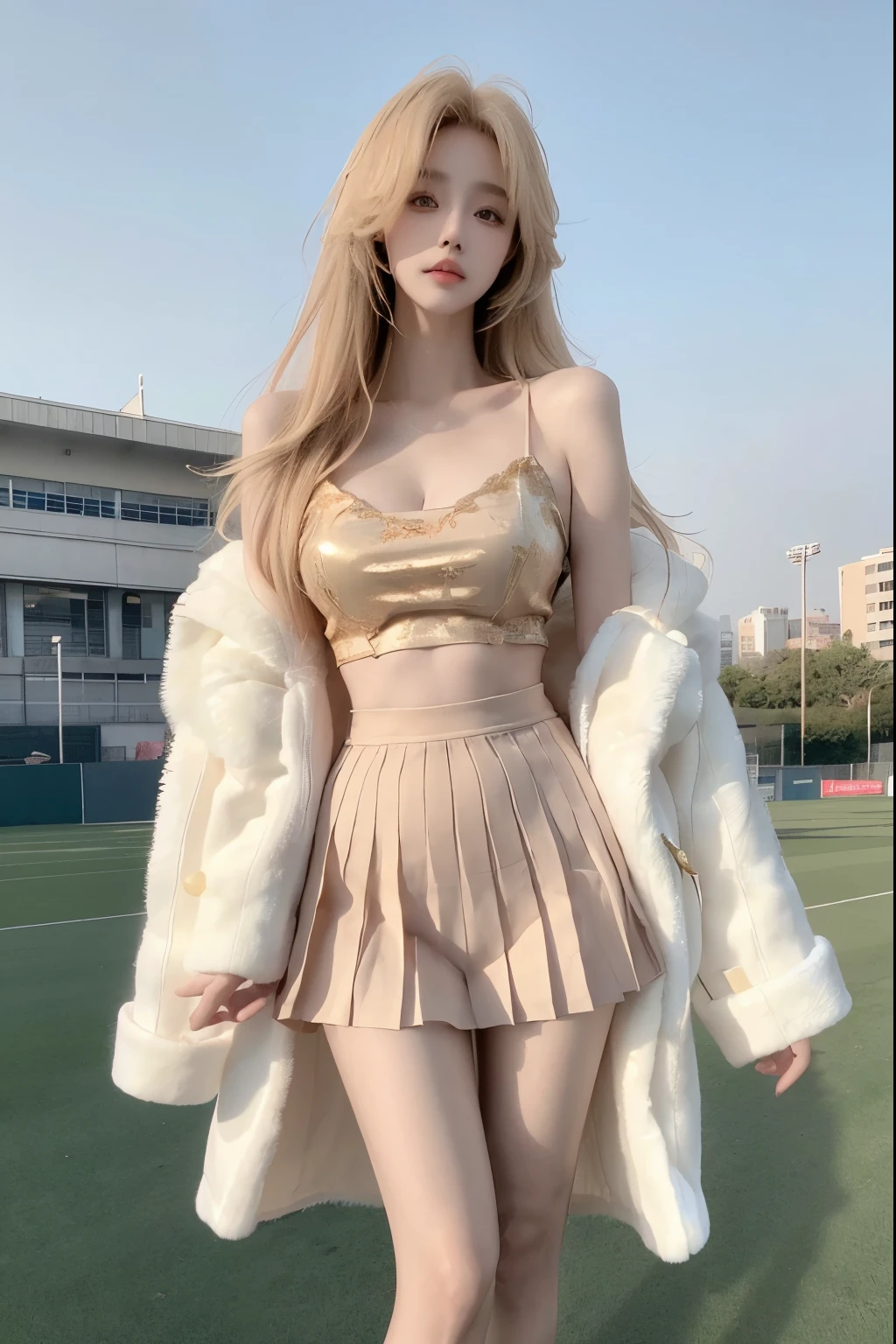 Beautiful woman with perfect body:1.4,Layered Hairstyle,Prominent cleavage,Highly detailed face and skin textures,Double eyelids,Skin Whitening,Long hair,Whitened long legs,blond,(Gold coat,Pleated Skirt,White pantyhose)Standing on the sports field