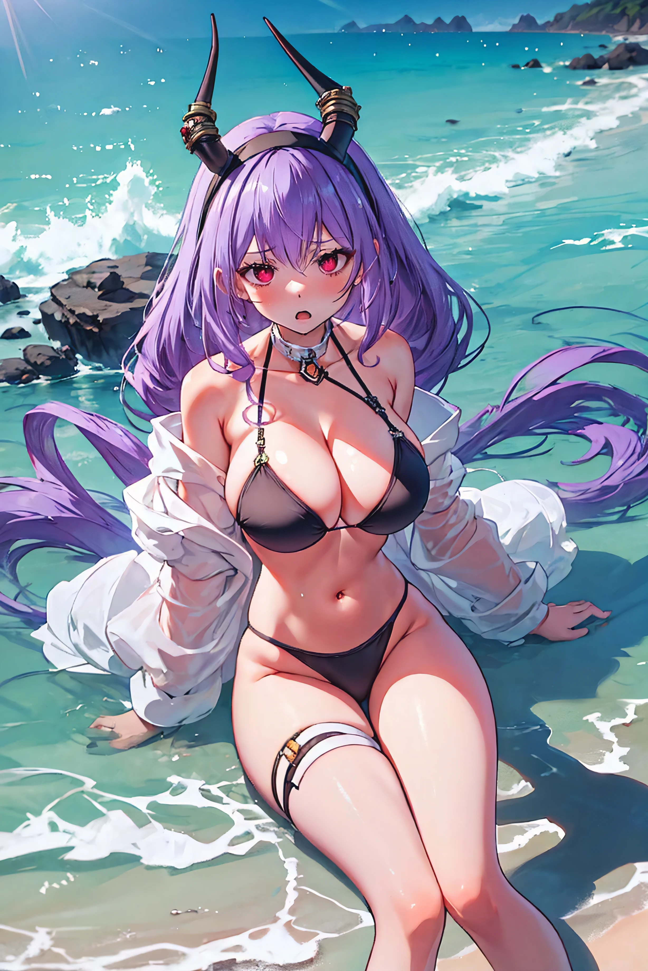 Typhon| Arc Knight, Masterpiece, best quality, 1 woman,25 years old , Very small micro bikini, big, หน้าอกbigโต, My hair is very long., headband, purple hair, proportion body, proportion, show your , Water set, This micro bikini,micro mini bikini, Lying on the beach with exciting challenges, Not clear. ,only, beautiful sea, The sky is beautiful, Looking at the audience from the front, thigh strap, tilt your head, bored, 10, 10, high resolution, Show off serious design, expression of anger, Expressing dissatisfaction , Very angry. ,