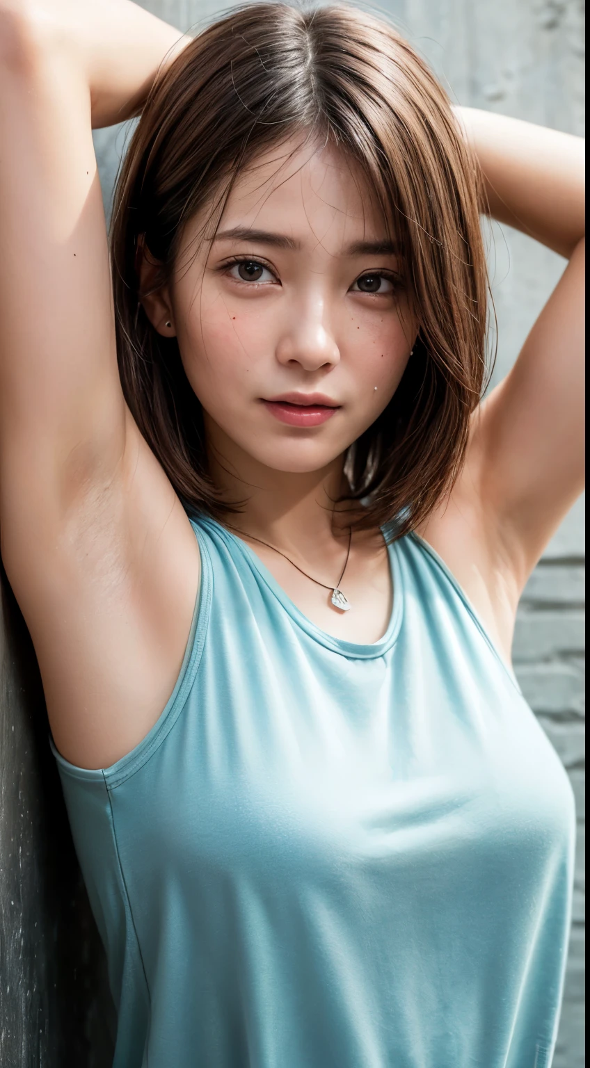 (Ultra HD、Ultra-high resolution、Photorealistic:1.3、8k、Japanese office lady、In front of the wall)、Focus on the armpits、Look Viewer、(Extremely realistic skin texture:1.4)、(Realistic:1.3)、short hair、((Embarrassed expression:1.5))、(Blonde:1.3)、40-year-old woman、Mature Woman、ponytail、(Lift your arms and show your armpits:1.4)、((Face close-up:1.52))、(Armpit sweat)、Leaning against the wall、((Shooting from the side:1.05))、necklace