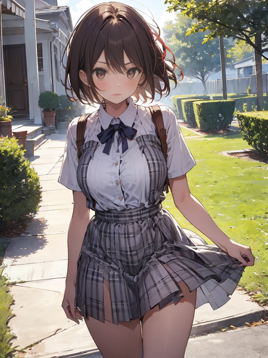 1girl, young, very short worn unbuttoned gingham sundress, unbuttoned, brown hair, short hair, thick thighs, warm summer day, front lawn