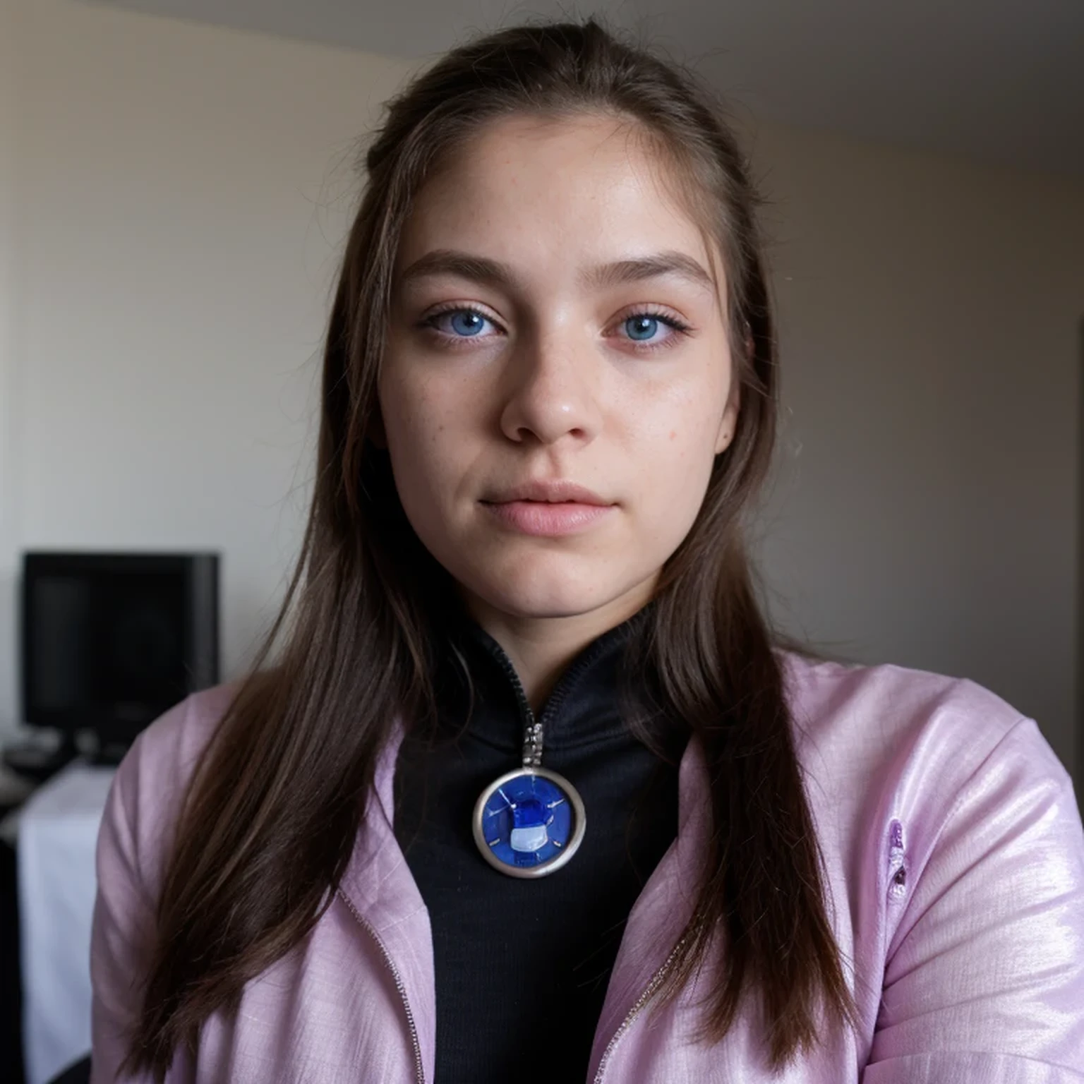 photo of a college student，16 years old, in Purple Pink, futuristic linen space suit, (freckles:0.8) cute face, sci-fi, dystopian, detailed eyes, cobalt blue eyes（（Side view））