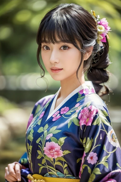((Best quality, 8K, Masterpiece :1.3)), Ayame Hyakki - a stunning embodiment of beauty in an exquisitely detailed and lifelike image. With her slender figure and accentuated abs (1.3), her long, flowing black hair cascades around her shoulders (1.2), framing a face of unparalleled finesse (1.1). Her captivating eyes, big and expressive, capture the viewer's gaze (1.2), mirroring the rich colors and intricacies of her irises. Ayame wears a traditional kimono, its vibrant patterns and layers (1.1) accentuating her