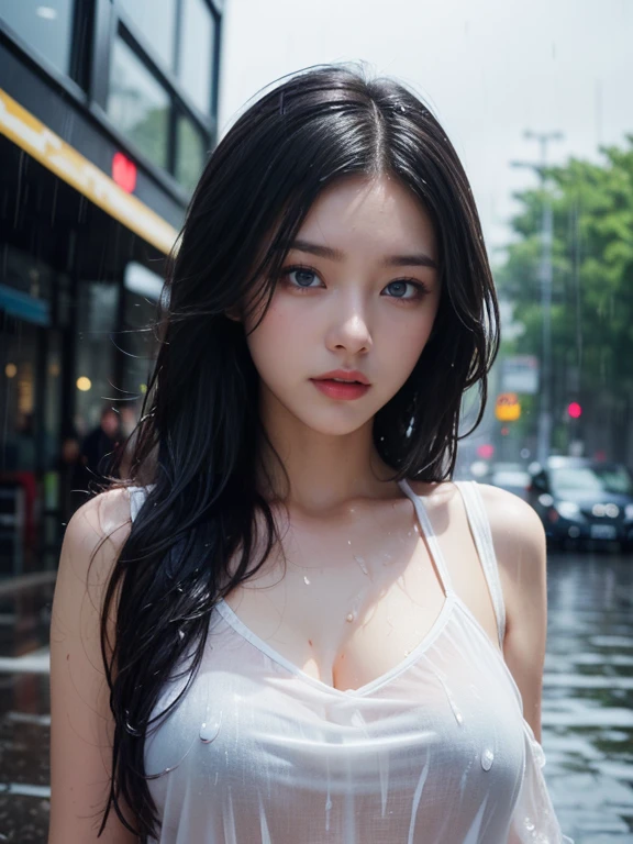 High-quality work，Realistic works，Super premium graphics，8K HD CG works(Beautiful and bold、captivating and enticing、blue eyess、long curly black hair、Sweaty body、big breasts,node,girl in the rain with a bus in the background, a photorealistic painting by Yanjun Cheng, pixiv, digital art, wet from rain, after rain and no girls, artwork in the style of guweiz, rainy wet, guweiz, pretty girl standing in the rain, trending on cgstation, under rain, just after rain, after the rain