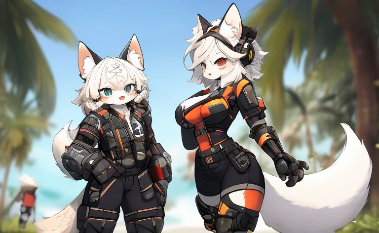 Kawaii, Striped Fluffy Fox, emaciated, long hair, 3girls, artificial synthetic skin, life support prosthetics, digital headphones, black tight latex bodysuit, white long dress, thigh-high-socks, shorts, loose off-the-shoulder hood open jacket, holsters in thigh, Mechanical boots, tactical knee pads, tactical belted loose Arm Sleeves, cybernetic Display gloves, chest rigs, tactical belts, blue archive halo, bulletproof goggles on forehead, from Ark nights, ray tracing, depth of field, bloom, masterpiece, ccurate, high details, highres, massive breasts and hips, furry
