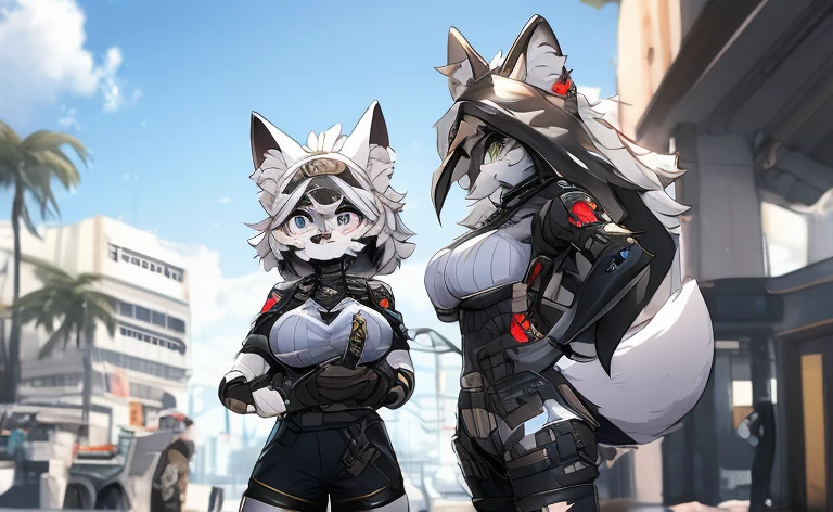 Kawaii, Striped Fluffy Fox, emaciated, long hair, 3girls, artificial synthetic skin, life support prosthetics, digital headphones, black tight latex bodysuit, white long dress, thigh-high-socks, shorts, loose off-the-shoulder hood open jacket, holsters in thigh, Mechanical boots, tactical knee pads, tactical belted loose Arm Sleeves, cybernetic Display gloves, chest rigs, tactical belts, blue archive halo, bulletproof goggles on forehead, from Ark nights, ray tracing, depth of field, bloom, masterpiece, ccurate, high details, highres, massive breasts and hips, furry