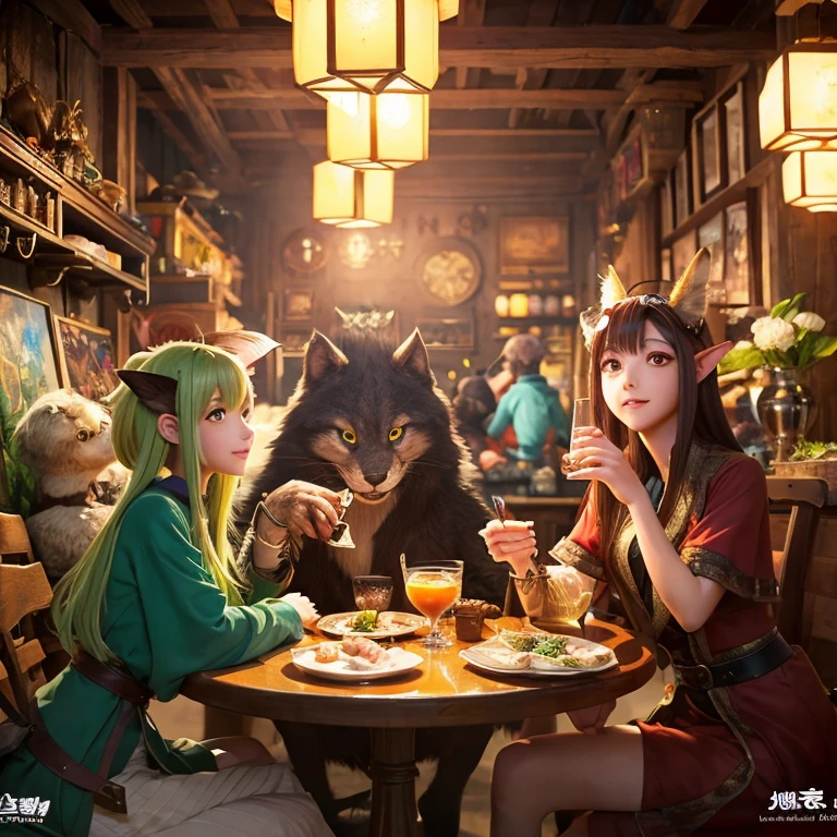 A group of anime characters and various anthropomorphic animals, including catgirls and elves, sit around a table，Enjoying food and drinks，The atmosphere is lively and lively。The roles have（Beautiful and delicate eyes，Beautiful and delicate lips，Extremely detailed eyes and face，Long eyelashes）。They are depicted in popular anime style，Set in an otherworldly environment with fantasy elements。The scene resembles a still from the TV anime series，Captures moments of everyday life in the world of animation。 This work of art has（high quality：1.2、4k resolution、lifelike），Featuring ultra-detailed visuals，Exhibits complex design of characters and environments。Lighting is carefully designed，Bright colors，Focus is clear，Create a studio-like atmosphere。Rich scene textures，showing traditional illustrations、oil painting、3D Rendering、The use of various materials such as photography technology。 There are all kinds of delicious food around the characters（anime themed food：1.1、Mouthwatering desserts、unique drinks），Create an active atmosphere。The food is intricately detailed，Demonstrates the artist&#39;s attention to detail in creating appetizing and visually appealing dishes。The scene is reminiscent of a festive gathering，Highlight the joy of sharing food and companionship。 The composition and framing of the artwork captures the essence of the anime genre，Emphasis is on character interaction and dynamic poses。Each character&#39;s personality comes through in their expressions、poses and clothing show，Adds depth and complexity to scenes。the background depicts an otherworldly environmen elements are inspired by fantasy and adventure。 （concept art：1.1、landscape、portrait）The use of technology adds depth and dimension to the overall artwork。 