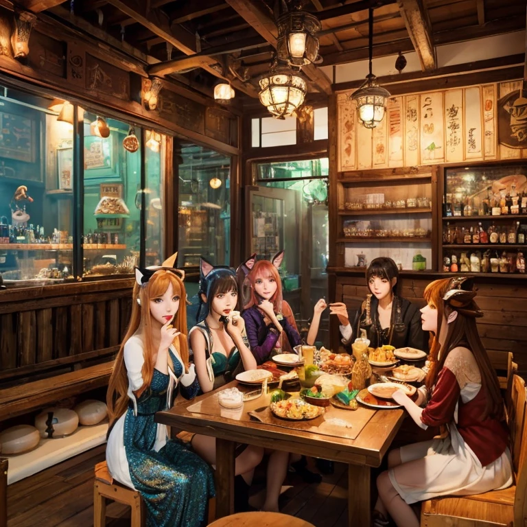 A group of anime characters and various anthropomorphic animals, including catgirls and elves, sit around a table,Enjoying food and drinks,The atmosphere is lively and lively。The roles have(Beautiful and delicate eyes,Beautiful and delicate lips,Extremely detailed eyes and face,Long eyelashes)。They are depicted in popular anime style,Set in an otherworldly environment with fantasy elements。The scene resembles a still from the TV anime series,Captures moments of everyday life in the world of animation。 This work of art has(high quality:1.2、4k resolution、lifelike),Featuring ultra-detailed visuals,Exhibits complex design of characters and environments。Lighting is carefully designed,Bright colors,Focus is clear,Create a studio-like atmosphere。Rich scene textures,showing traditional illustrations、oil painting、3D Rendering、The use of various materials such as photography technology。 There are all kinds of delicious food around the characters(anime themed food:1.1、Mouthwatering desserts、unique drinks),Create an active atmosphere。The food is intricately detailed,Demonstrates the artist's attention to detail in creating appetizing and visually appealing dishes。The scene is reminiscent of a festive gathering,Highlight the joy of sharing food and companionship。 The composition and framing of the artwork captures the essence of the anime genre,Emphasis is on character interaction and dynamic poses。Each character's personality comes through in their expressions、poses and clothing show,Adds depth and complexity to scenes。the background depicts an otherworldly environmen elements are inspired by fantasy and adventure。 (concept art:1.1、landscape、portrait)The use of technology adds depth and dimension to the overall artwork。