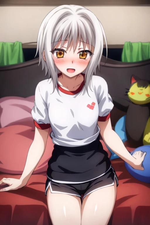 ((highest quality)), ((masterpiece)), (be familiar with), Perfect Face, indoor, Bedroom, Watching the audience,
One woman, Tacheng kitten,
Open Mouth, Ecstatic expression, blush, smile,
Small breasts, Flat Chest, Young Girl, , , Girl,
Short Hair, short hair,
Gym suit, White short sleeves, Black shorts, Leg spread,