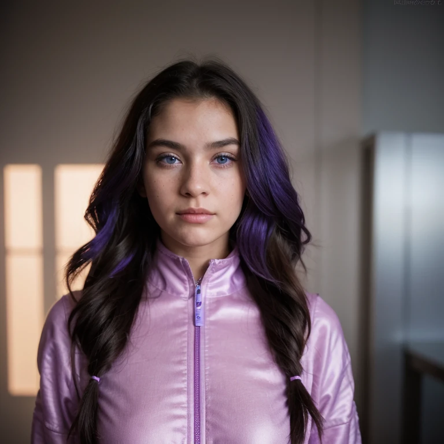 photo of a college student,16 years old, in Purple Pink, futuristic linen space suit, (freckles:0.8) cute face, sci-fi, dystopian, detailed eyes, cobalt blue eyes((Side view))