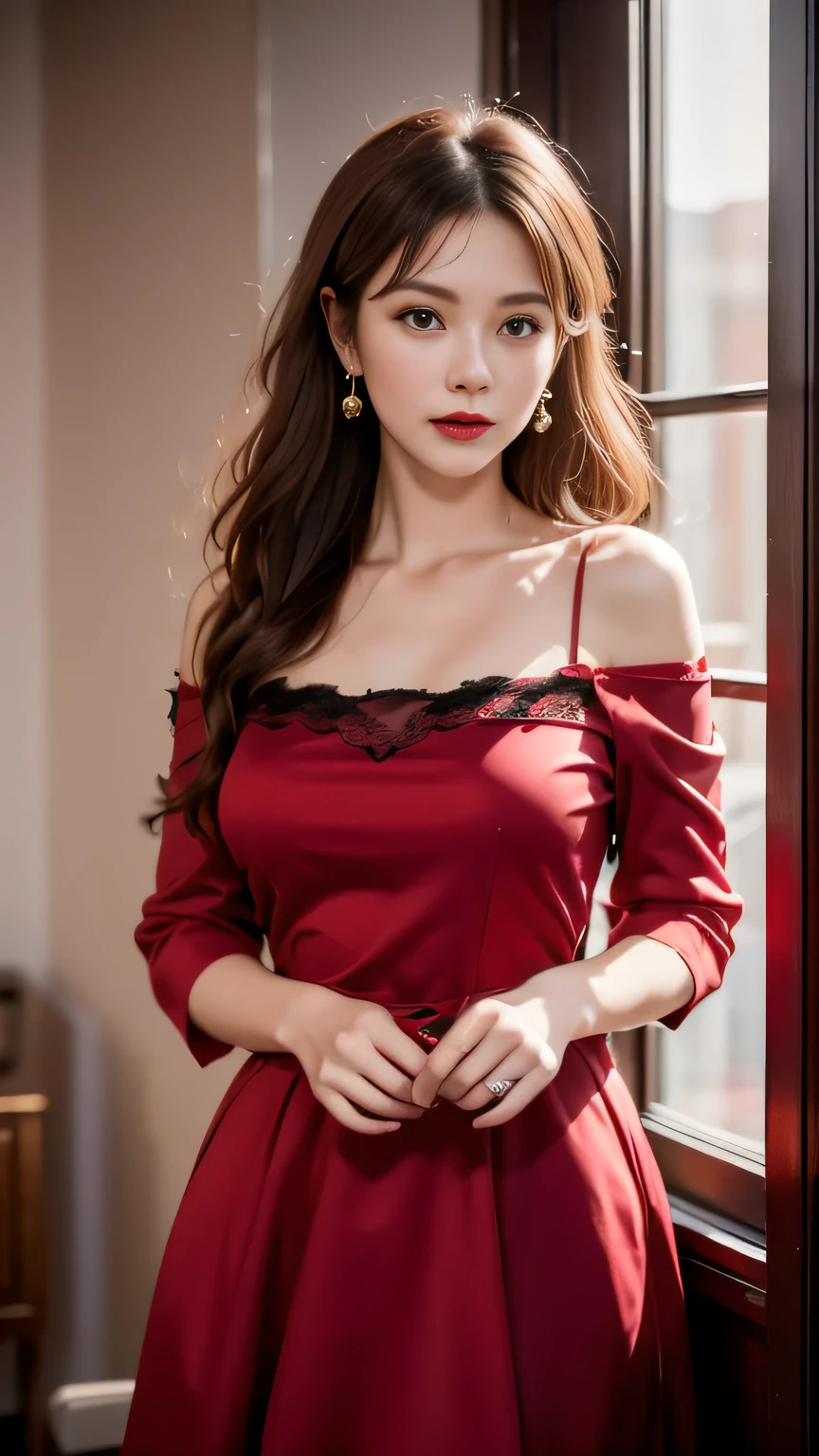 8k, original photo, Fujifilm, Stylized photo of a beautiful 45-year-old woman, square face, There is a red rose on the neck, Wearing a black lace dress with red, Gold earrings, As powerful as a spinning dove, (Very delicate skin: 1.2), Medium brown hair with light, Film Grain, 35 mm, Cute style