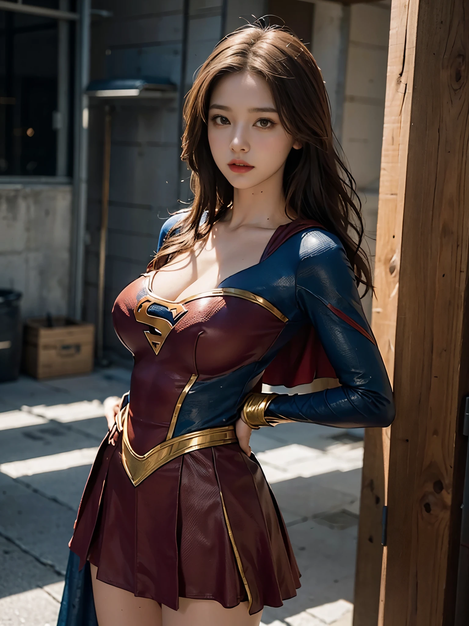 Woman body set big breasts, Supergirl costume dress, BROWN HAIR, HYPER REALISTIC, 8K ULTRA HIGH RESOLUTION