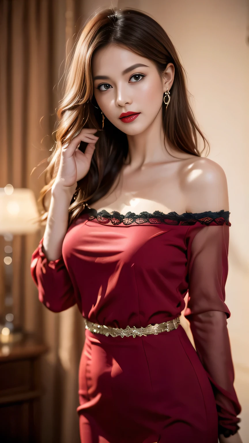 8k, original photo, Fujifilm, Stylized photo of a beautiful 45-year-old woman, square face, There is a red rose on the neck, Wearing a black lace dress with red, Gold earrings, As powerful as a spinning dove, (Very delicate skin: 1.2), Medium brown hair with light, Film Grain, 35 mm, Cute style