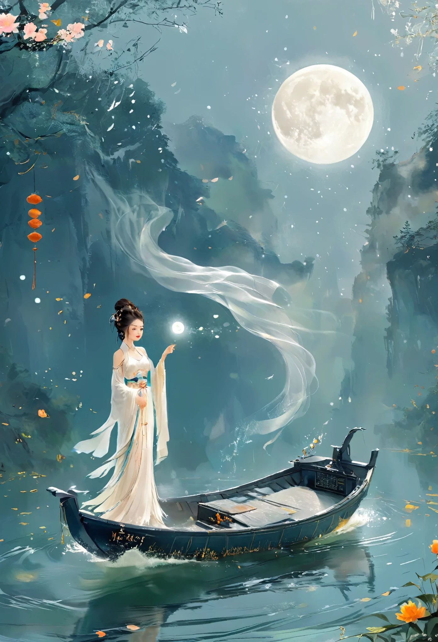 Anime girl in a white dress floating a boat in the water，Fantasy，Moon Goddess，Beautiful fantasy queen,  by Yang J, Chinese Fantasy，Beautiful girl，Sea Queen Mu Yanling，Moon Goddess，Moon Goddess，Flowing magic robe，Beautiful fairy wizard, by Leng Mei, ((a beautiful fantasy empress))