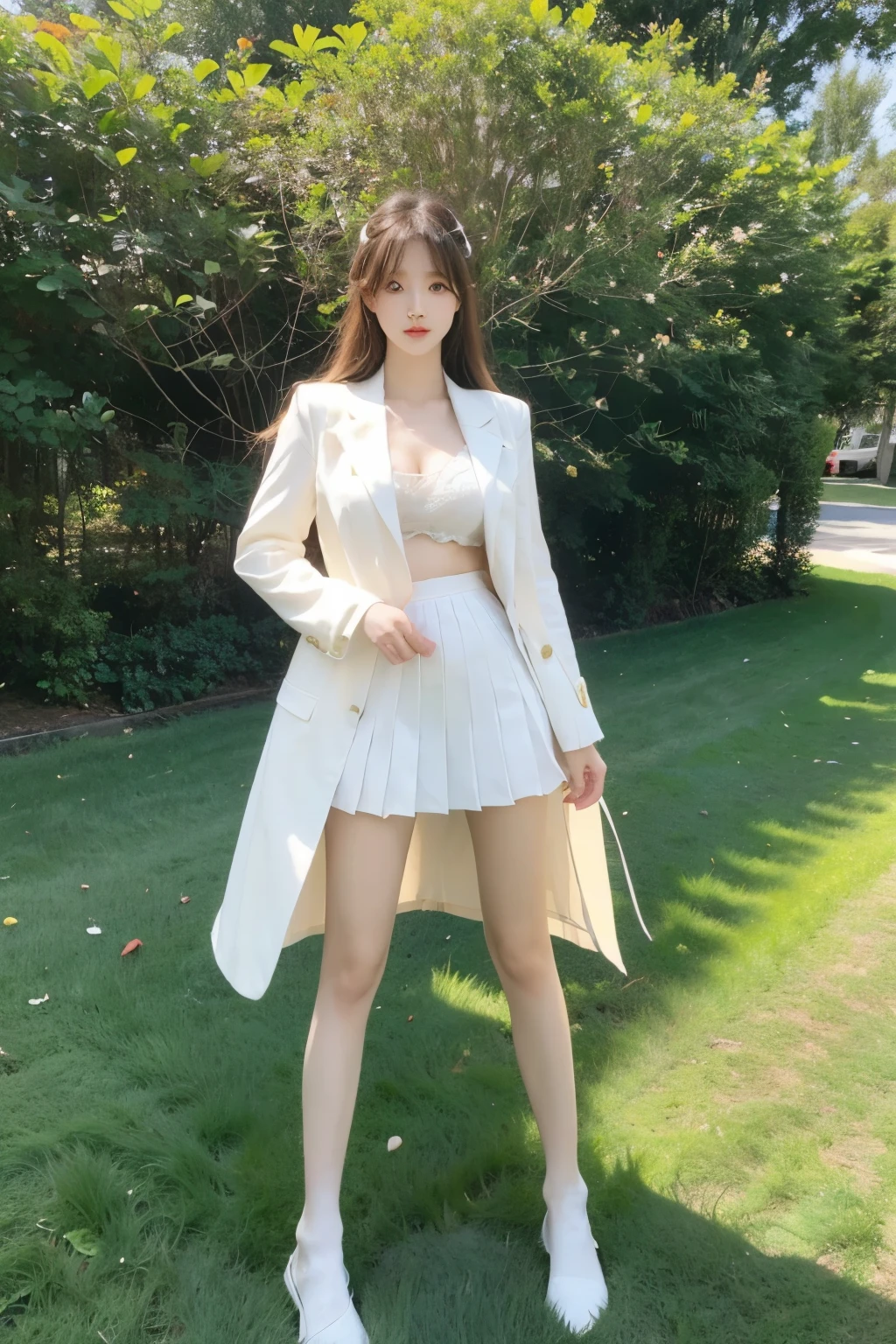 Beautiful woman with perfect body:1.4,Layered Hairstyle,Prominent cleavage,Highly detailed face and skin textures,Double eyelids,Skin Whitening,Long hair,Whitened long legs,blond,(Black coat,Pleated Skirt,White pantyhose)Standing on the grass