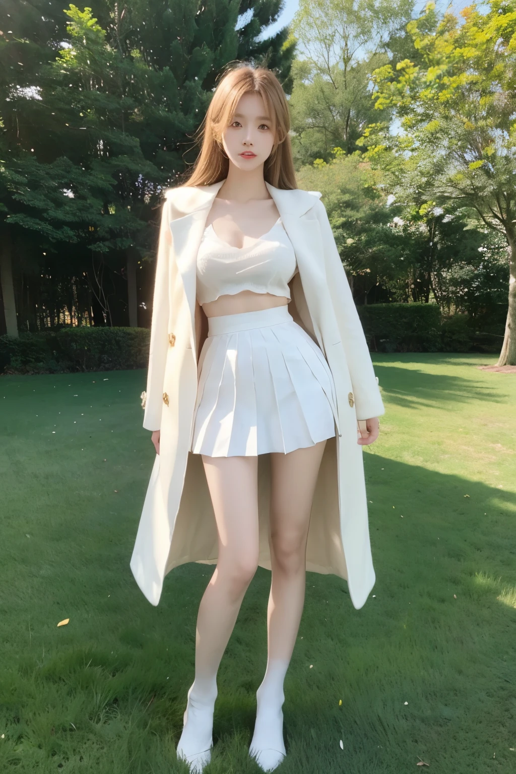 Beautiful woman with perfect body：1.4，Layered Hairstyle，Prominent cleavage，Highly detailed face and skin textures，Double eyelids，Skin Whitening，Long hair，Whitened long legs，blond，（Black coat，Pleated Skirt，White pantyhose）Standing on the grass