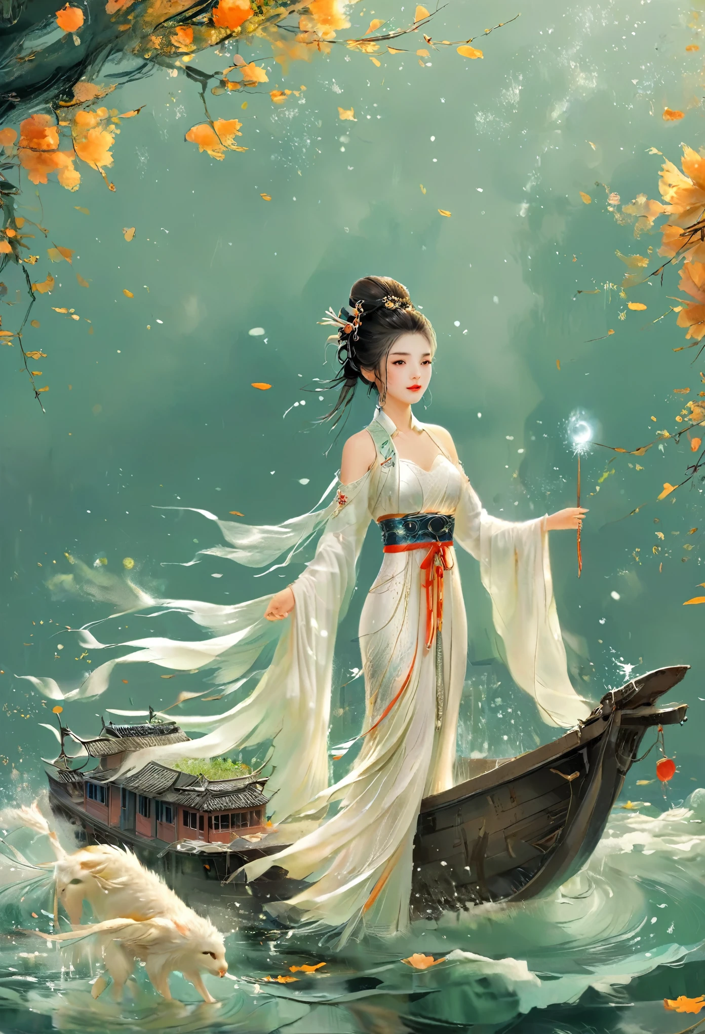 Anime girl in a white dress floating a boat in the water，Fantasy，Moon Goddess，Beautiful fantasy queen,  by Yang J, Chinese Fantasy，Beautiful girl，Sea Queen Mu Yanling，Moon Goddess，Moon Goddess，Flowing magic robe，Beautiful fairy wizard, by Leng Mei, ((a beautiful fantasy empress))