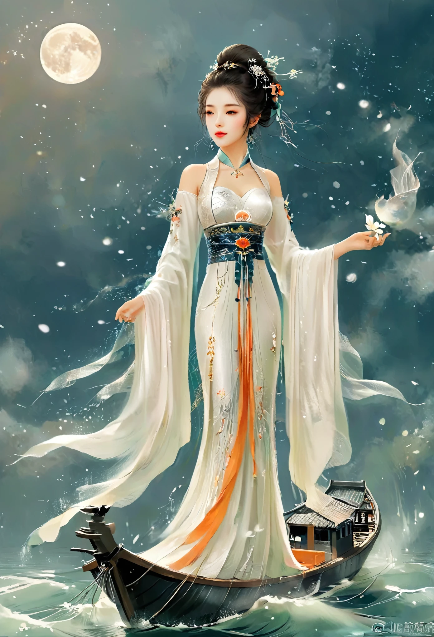 Anime girl in a white dress floating a boat in the water，Fantasy，Moon Goddess，Beautiful fantasy queen,  by Yang J, Chinese Fantasy，Beautiful girl，Sea Queen Mu Yanling，Moon Goddess，Moon Goddess，Flowing magic robe，Beautiful fairy wizard, by Leng Mei, ((a beautiful fantasy empress))