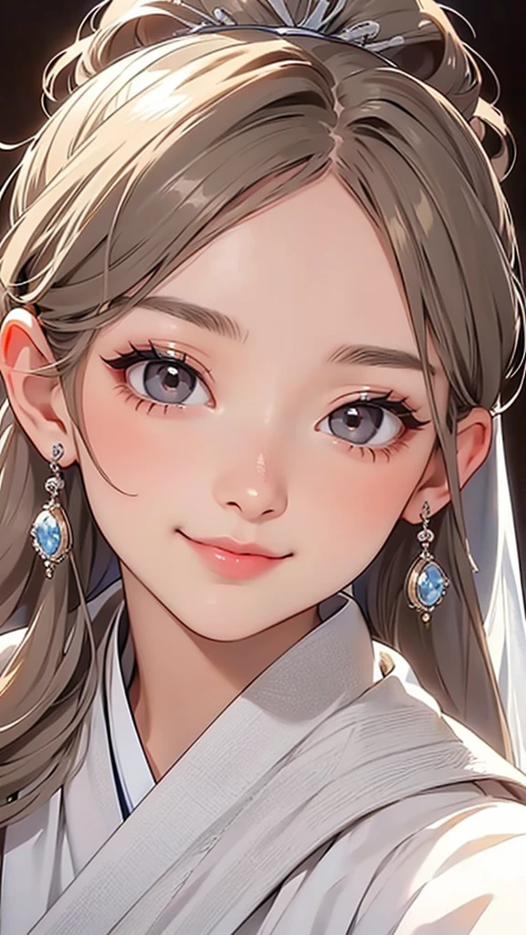 highest quality、Realistic、girl、Japanese、zoom、cute、Gray Eyes、Chestnut Hair、Long Ponytail、Bridal Dresses、Face close-up、smile、