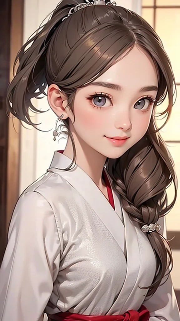 highest quality、Realistic、girl、Japanese、zoom、cute、Gray Eyes、Chestnut Hair、Long Ponytail、Bridal Dresses、Face close-up、smile、