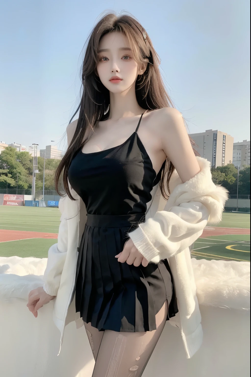 Beautiful woman with perfect body:1.4,Layered Hairstyle,Prominent cleavage,Highly detailed face and skin textures,Double eyelids,Skin Whitening,Long hair,Whitened long legs,blond,(Black coat,Pleated Skirt,Black pantyhose)Standing on the sports field