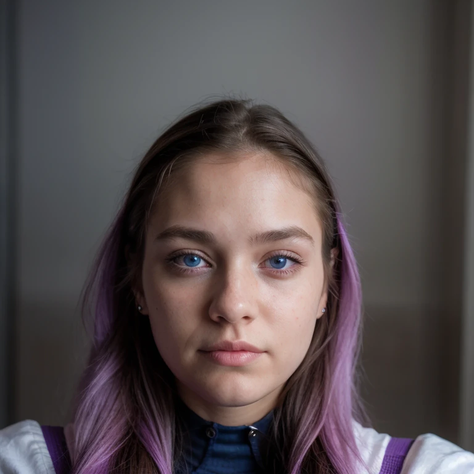 photo of a college student,16 years old, in Purple Pink, futuristic linen space suit, (freckles:0.8) cute face, sci-fi, dystopian, detailed eyes, cobalt blue eyes((Side view))