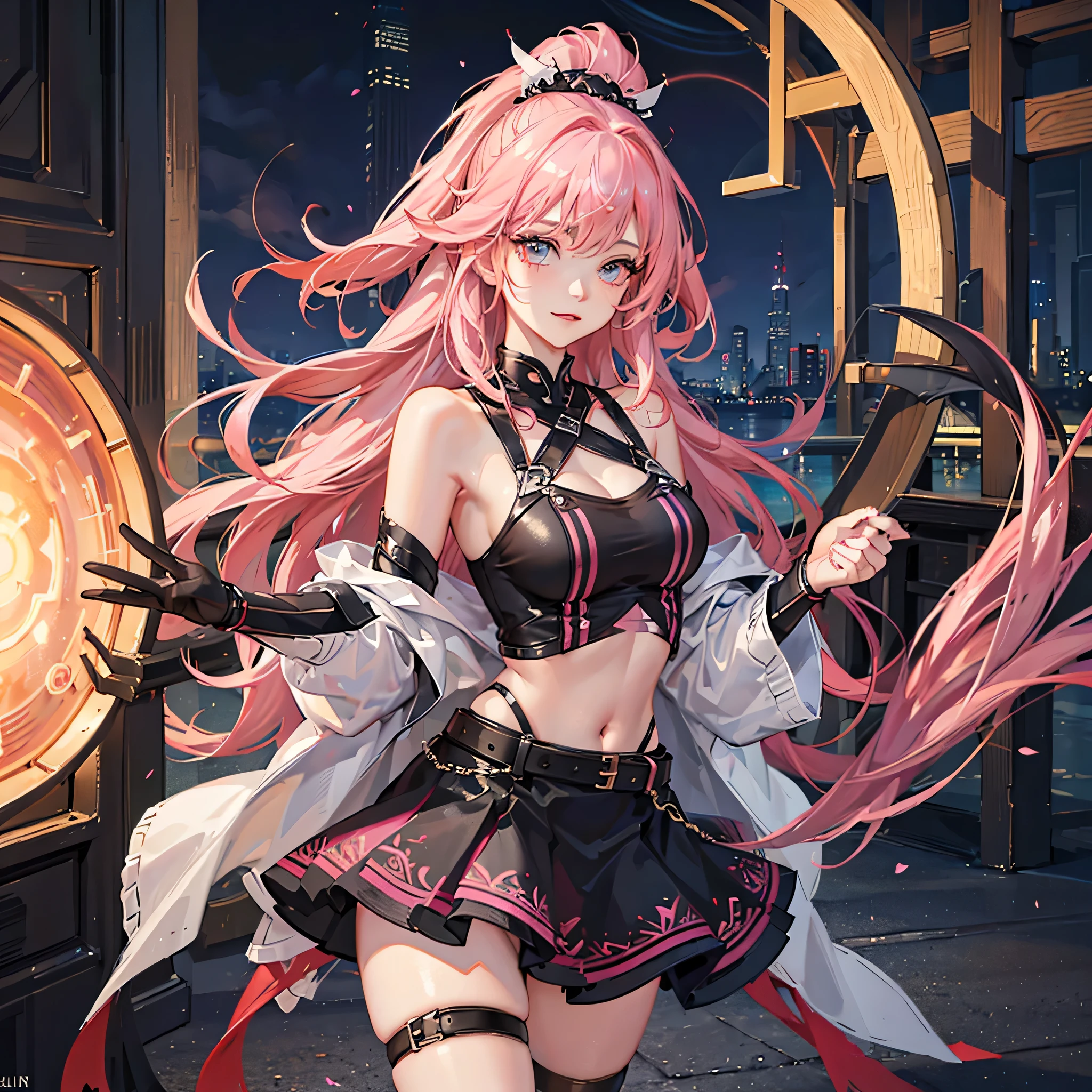 ((extreme detail)),(ultra-detailed), extremely detailed CG unity 8k wallpaper,best quality, masterpiece, emilie_t8, off shoulder, pink crop top,