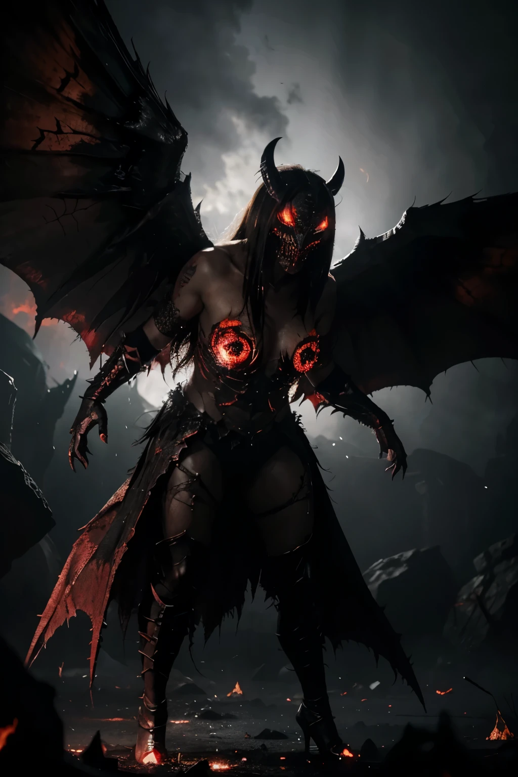 photorealistic, a gigantic horrifying creature, with enormous black wings, and red eyes that glow like embers in the middle of the darkness.