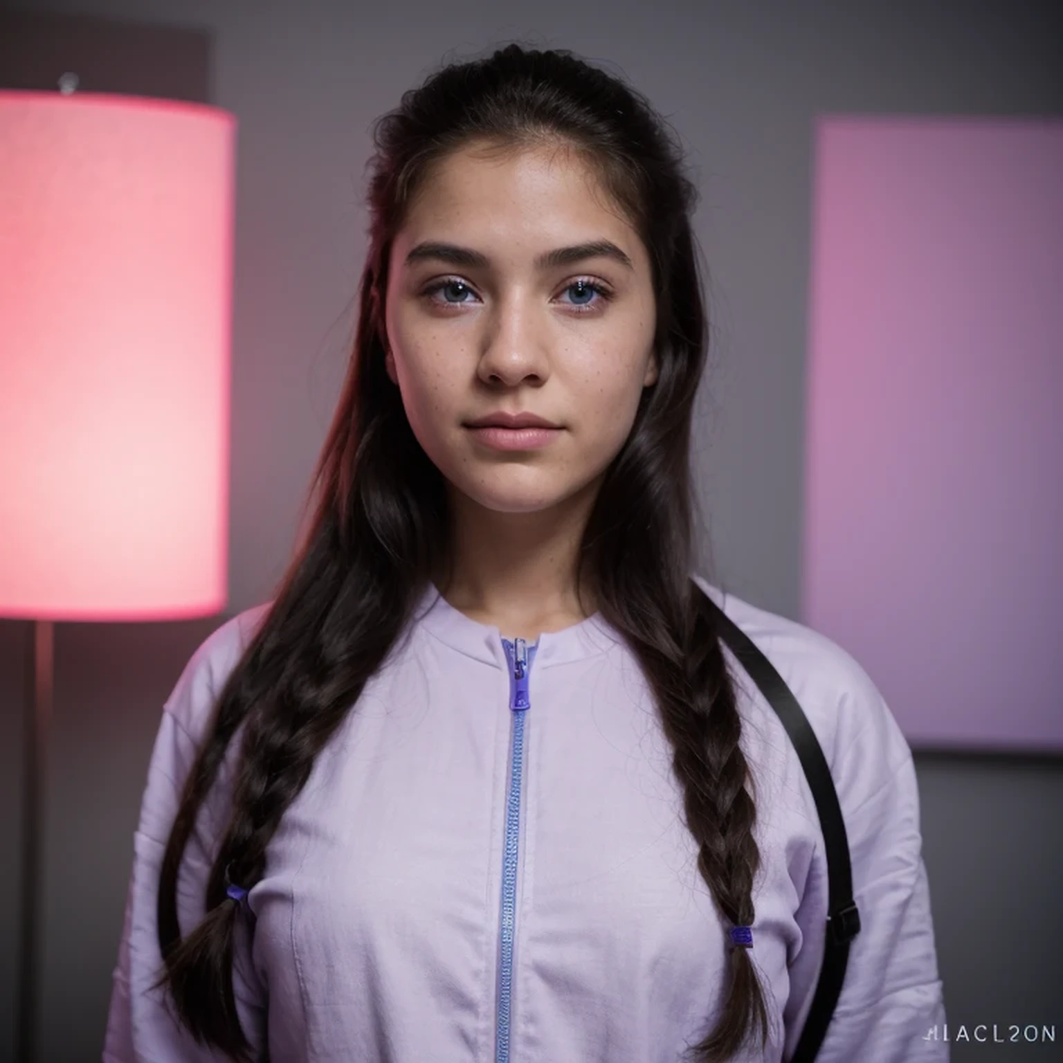 photo of a college student,, in Purple Pink, futuristic linen space suit, (freckles:0.8) cute face, sci-fi, dystopian, detailed eyes, cobalt blue eyes((Side view))