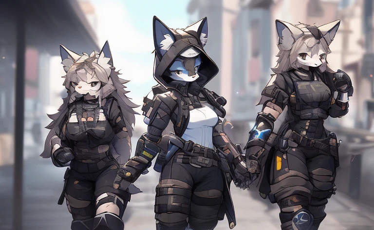 Kawaii, Striped Fluffy Fox, emaciated, long hair, 3girls, artificial synthetic skin, life support prosthetics, digital headphones, black tight latex bodysuit, white long dress, thigh-high-socks, shorts, loose off-the-shoulder hood open jacket, holsters in thigh, Mechanical boots, tactical knee pads, tactical belted loose Arm Sleeves, cybernetic Display gloves, chest rigs, tactical belts, blue archive halo, bulletproof goggles on forehead, from Ark nights, ray tracing, depth of field, bloom, masterpiece, ccurate, high details, highres, massive breasts and hips