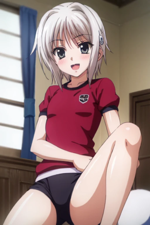 ((highest quality)), ((masterpiece)), (be familiar with), Perfect Face, indoor, Bedroom, Watching the audience,
One woman, Tacheng kitten,
Open Mouth, Ecstatic expression, blush, smile,
Small breasts, Flat Chest, Young Girl, , , Girl,
Short Hair, short hair,
Gym suit, White short sleeves, Black shorts, Leg spread,