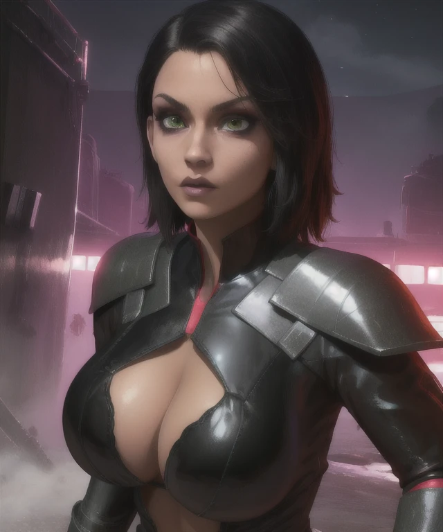 Trilla,green eyes,black hair,
armor,black gloves,tight bodysuit,
standing,upper body,
serious,cleavage,
facility,night,science fiction,
(insanely detailed, beautiful detailed face,beautiful detailed eyes, masterpiece, best quality),