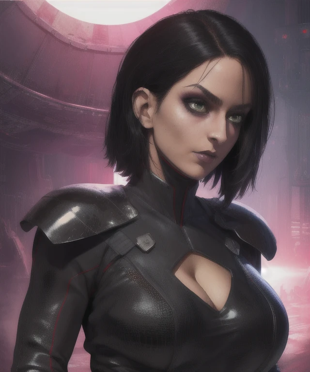 Trilla,green eyes,black hair,
armor,black gloves,tight bodysuit,
standing,upper body,
serious,cleavage,
facility,night,science fiction,
(insanely detailed, beautiful detailed face,beautiful detailed eyes, masterpiece, best quality),