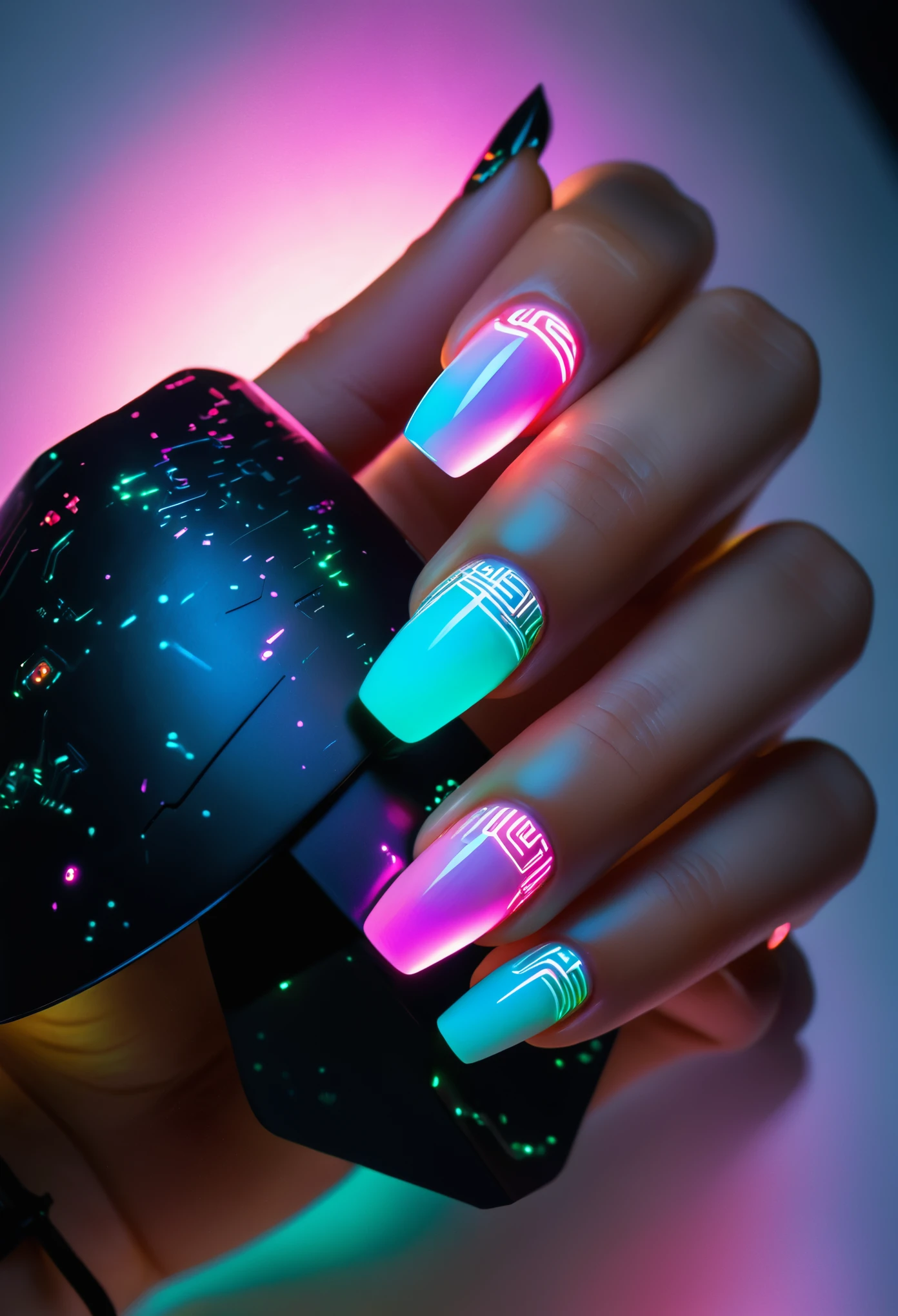 (top-quality, 8K, masterpiece:1.3) A close-up photo of cyberpunk-inspired nails art featuring holographic circuit patterns and neon accents, with a matte black base and glowing LED elements, taken with a macro lens, highly detailed, showcasing intricate cybernetic nail designs.