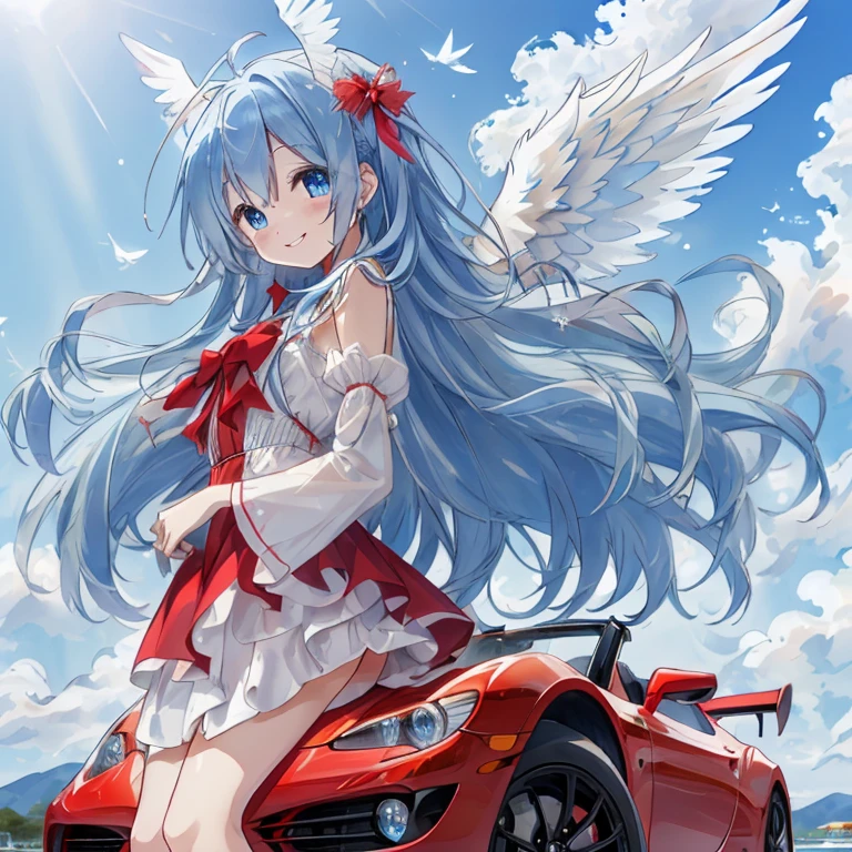 Angel girl driving in a red convertible under sunny skies. She has a happy smile. A cute , 6 years old, attractive and sparkling big blue eyes with long eyelashes, long wavy hair fluttering in the wind. She is wearing a cute detailed punk rock dress with lots of ribbons, lace and ruffles, and translucent angel wings with a fantastic light on the back. A gliding red sports car, fresh blue sky. The overall color is light blue, gently emphasizing the fantastic atmosphere. The texture is a combination of watercolor and moe anime textures, a world full of mysterious dusty light, cute, refreshing, healing, magical fantasy, top quality, highest image quality,