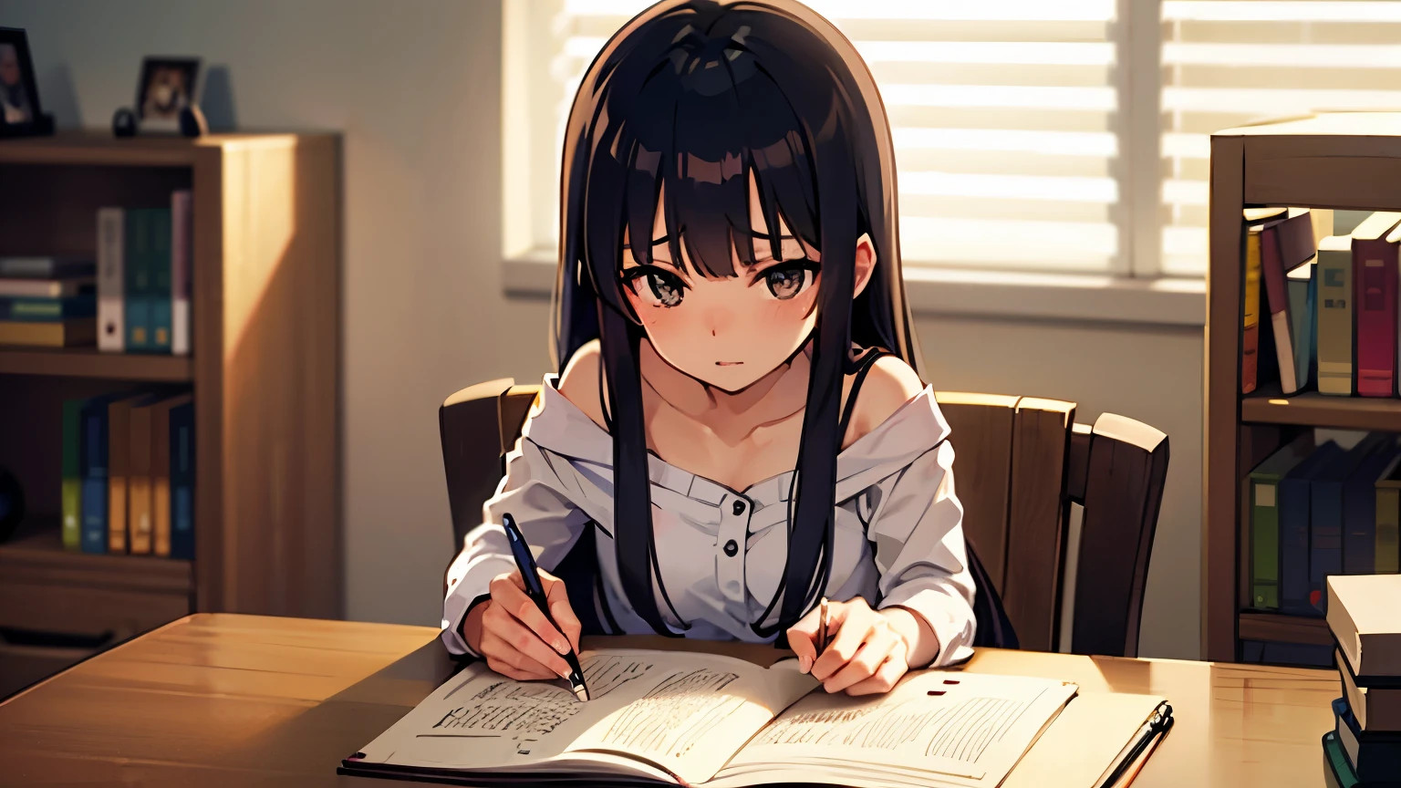 Anime girl sitting at desk writing book