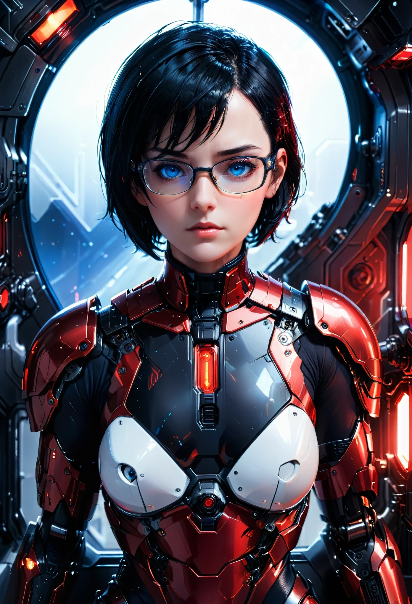 elster, black hair ,robot joints, blue eyes, looking at viewer, serious, short hair, nose guard, frameless glasses,
black and red bodysuit, armor, center opening,
upper body, solo, sitting,
space station, indoors, dark, cyberpunk, red lights,
(insanely detailed, beautiful detailed face,beautiful detailed eyes, masterpiece, best quality)