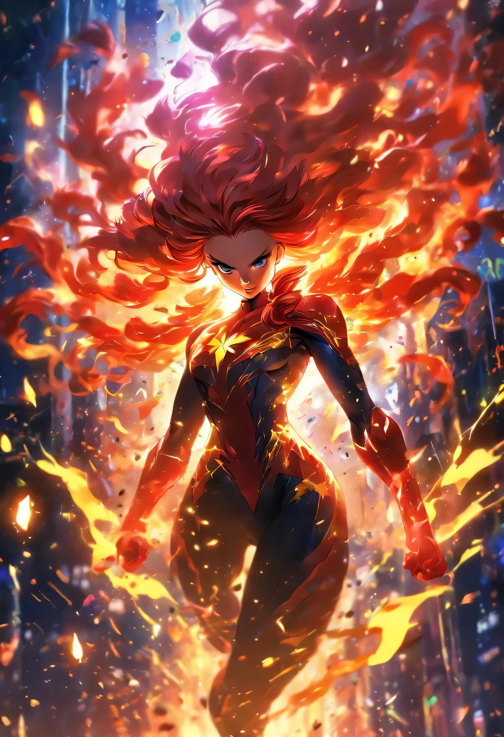 (best quality,4k,8k,highres,masterpiece:1.2),ultra-detailed,realistic,photorealistic:1.37,colorful, vibrant, intense, Jean Grey phoenix splatter paint, oil painting, detailed face and eyes, fiery red and orange feathers, glowing aura, dynamic and energetic brushstrokes, intense expression, powerful and majestic, dark background with hints of flames, dramatic lighting, fine details of the splatter paint technique, captivating and awe-inspiring, vivid and bold colors, ethereal and mystical atmosphere, perfect balance of realism and abstraction.