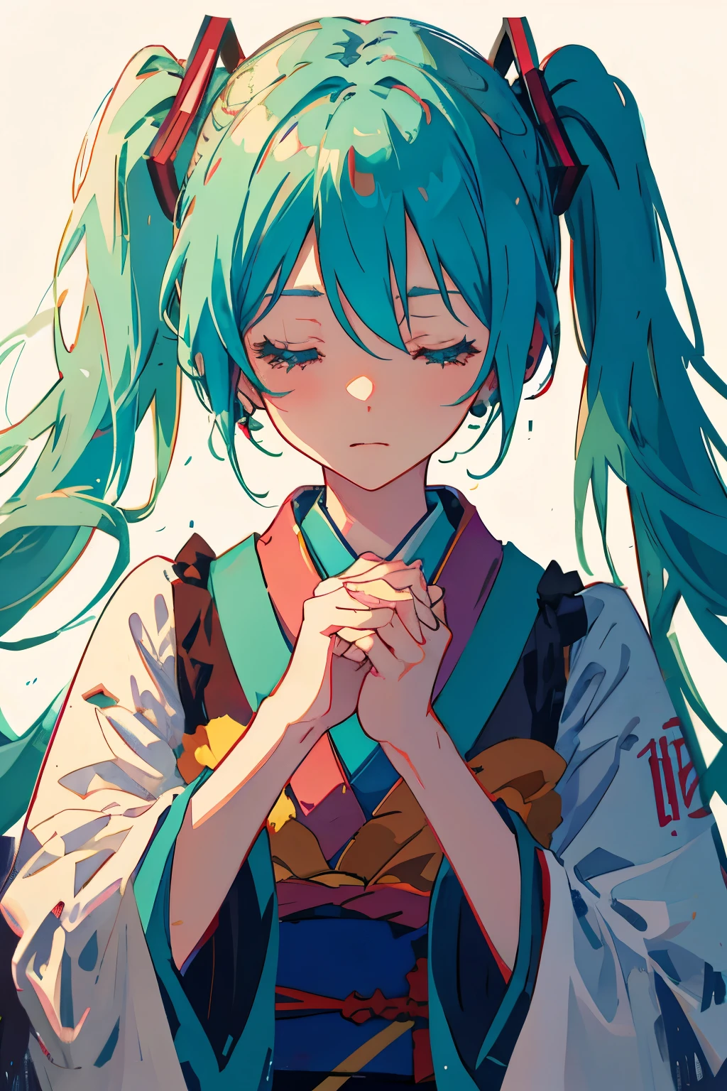 Hatsune Miku, masterpiece, Absurd, Upper Body, Clenched hands, I was annoyed., close your eyes, Simple Background, kimono, kimono, throw, throw hands,