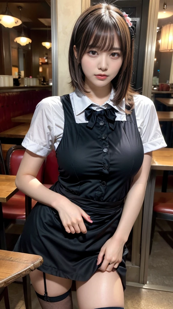 muste piece, best quality, illustration, Super detailed, fine details, High resolution, 8K,wall paper, perfect dynamic composition,(Details High quality, realistic depiction of eyes:1.3), waitress uniform, restaurant, huge breasts, short bob hair、black hair color, Big Natural Color Lip, (perfect body shape), crying a little、cold gaze, Harajuku style、20 year old girl、cute type、lolita、beautiful legs, focus on crotch, full body photo, gravure idol