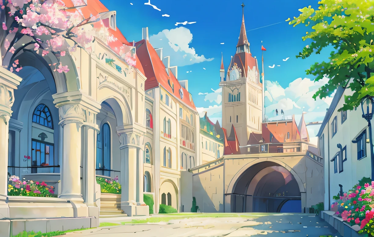 castle School,white gold color, Luxury, Surrounded by Flowers, Fantasy , The feathers fell slightly, gracefully